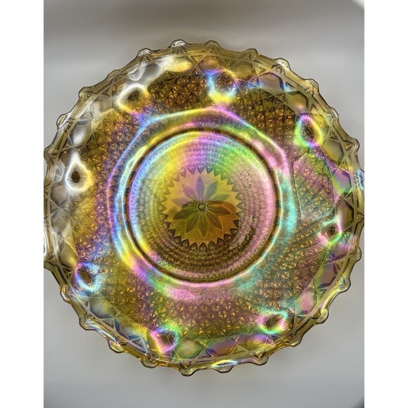 Vintage Carnival Glass Platter Plate 10" IRIDESCENT Marigold Amber Ruffled Edge - Picture 2 of 5